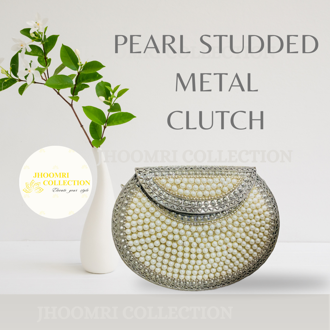 PEARL STUDDED METAL CLUTCH BAG